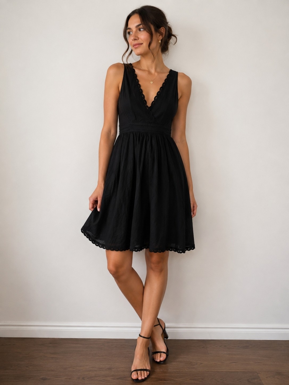 Calvin Klein Black Sleeveless V-Neck Scalloped Skater Dress